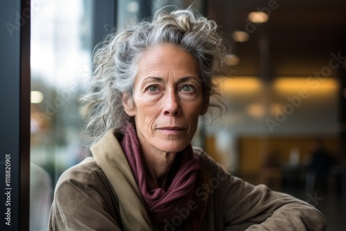 Portrait of senior woman with short wavy hair in the cafe