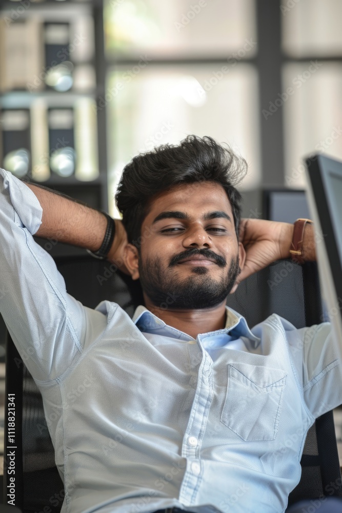 Man in casual clothing, relaxing at office desk with hand on face. Man in casual clothing, relaxing at office desk with hand on face.