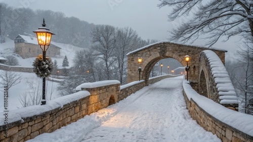 An ancient stone bridge leads into the village its arches piled high with freshly fallen snow. Lanterns are strung over the entrance casting a warm glow across the path inviting