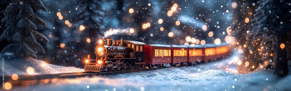 Magical Winter Train Journey with Colorful Lights and Snowy Scenic Landscape Magical Winter Train Journey with Colorful Lights and Snowy Scenic Landscape
