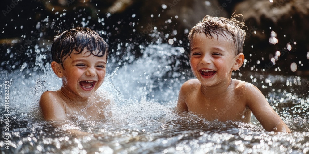 Two children laughing and splashing water together, outdoor summer fun. Two children laughing and splashing water together, outdoor summer fun.