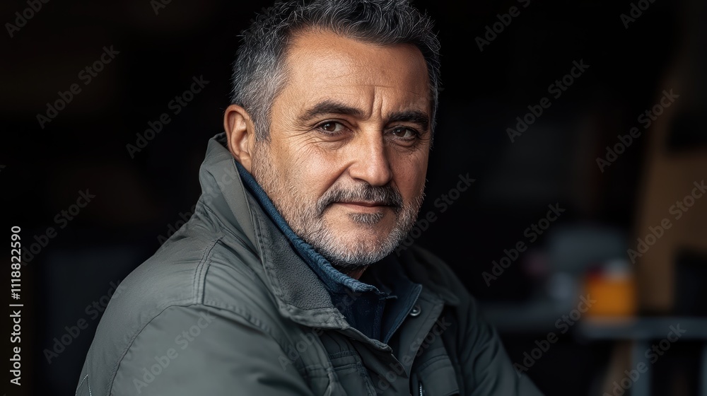 A middle-aged man with salt and pepper hair is sitting in a workshop, looking composed and relaxed. The warm light highlights his thoughtful expression as he enjoys a moment of tranquility A middle-aged man with salt and pepper hair is sitting in a workshop, looking composed and relaxed. The warm light highlights his thoughtful expression as he enjoys a moment of tranquility