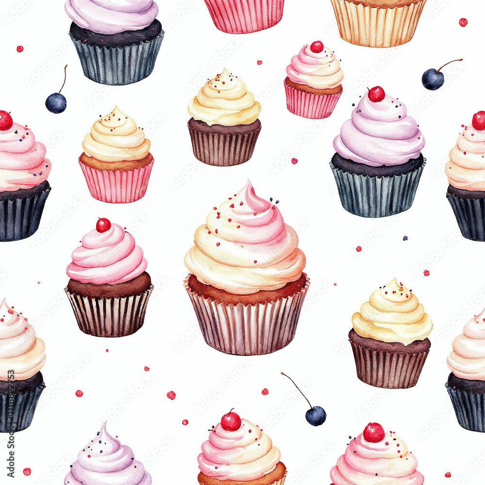 Watercolor seamless pattern with cupcakes on white background Watercolor seamless pattern with cupcakes on white background