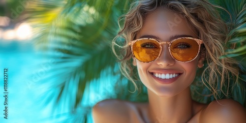 A joyful woman with curly hair and bright sunglasses, basking in the sun against a vibrant backdrop of lush green palm leaves and a shimmering pool.