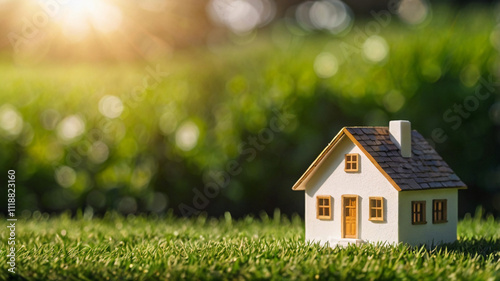 Copy space of home and life concept. Small model home on green grass with sunlight abstract background