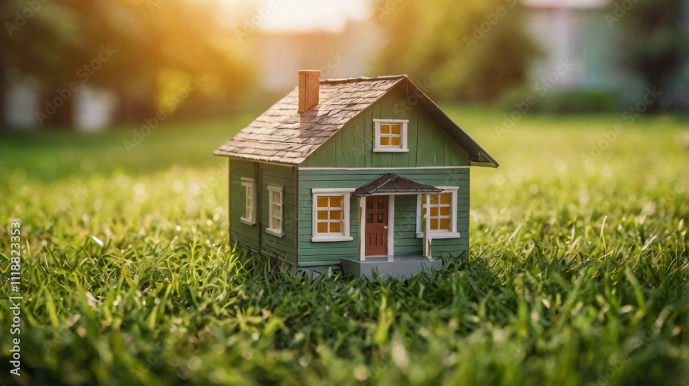 Copy space of home and life concept. Small model home on green grass with sunlight abstract background Copy space of home and life concept. Small model home on green grass with sunlight abstract background
