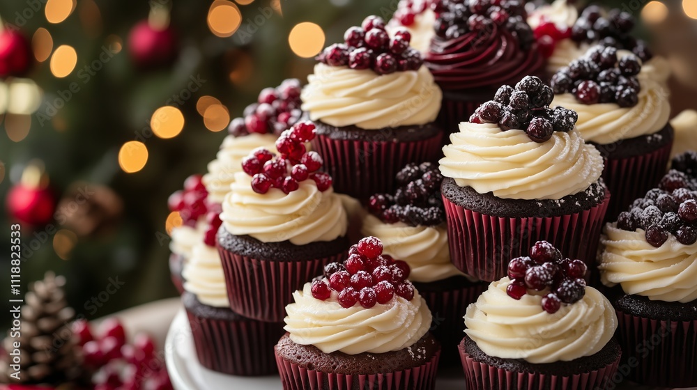 An elaborately decorated cupcake tower for Christmas