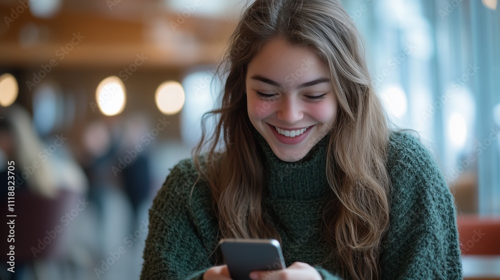 A young woman in a green sweater smiles while looking at her phone A young woman in a green sweater smiles while looking at her phone