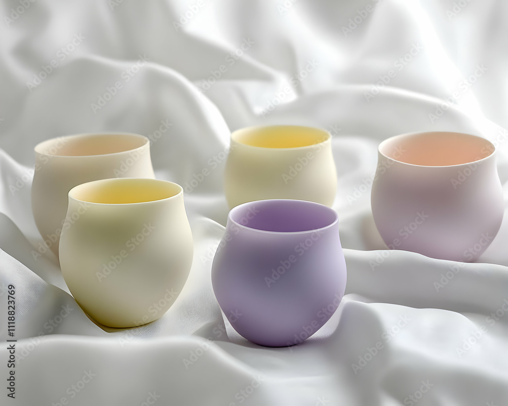 Five pastel-colored cups arranged on a soft, white fabric background. Five pastel-colored cups arranged on a soft, white fabric background.