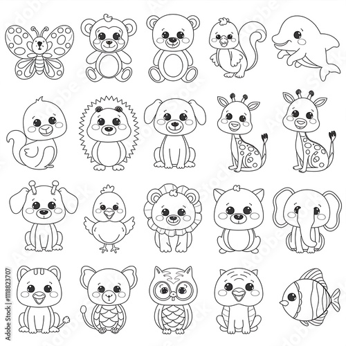 Big animals set for coloring book. Outline illustration for children