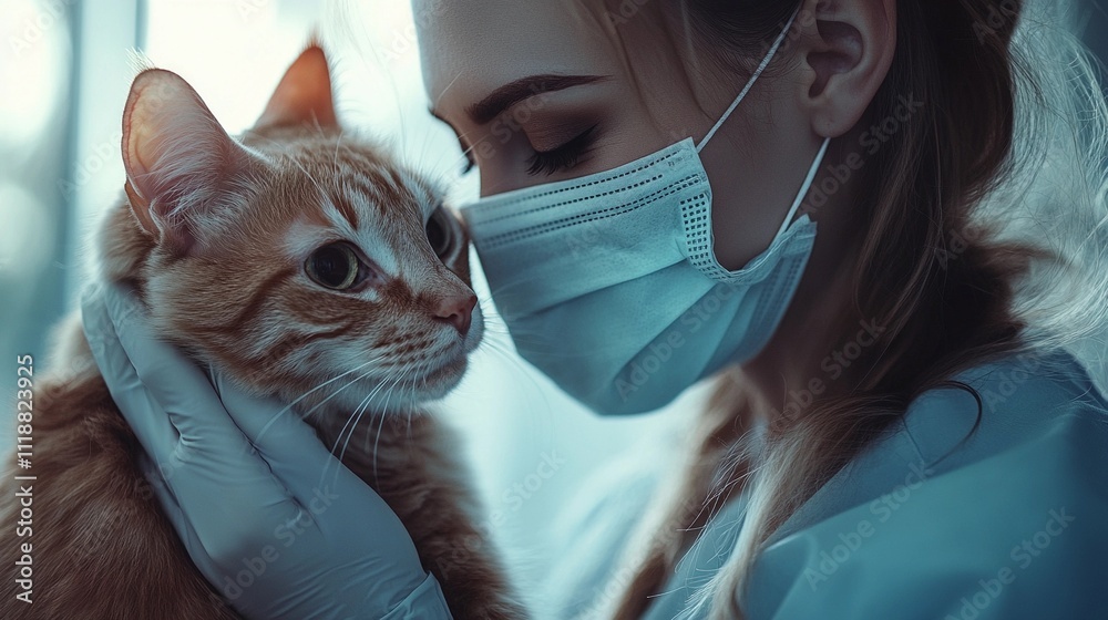 Compassionate care between a veterinarian and a cat during a surgical consultation in a serene clinic environment