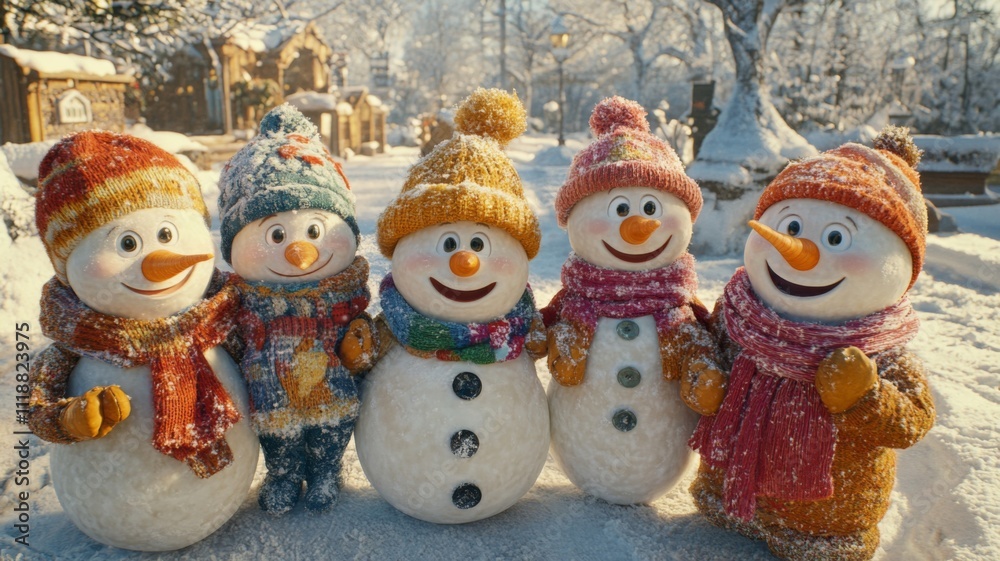 Fototapeta premium Four Cheerful Snowmen Dressed in Winter Wear
