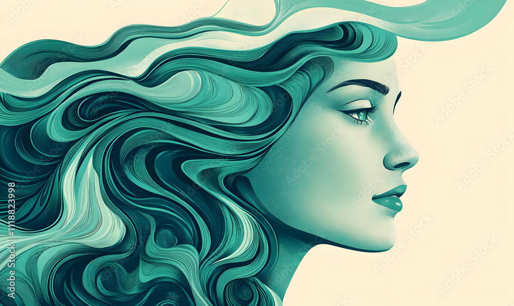 A stylized profile of a woman with flowing hair, emphasizing beauty and fluidity.