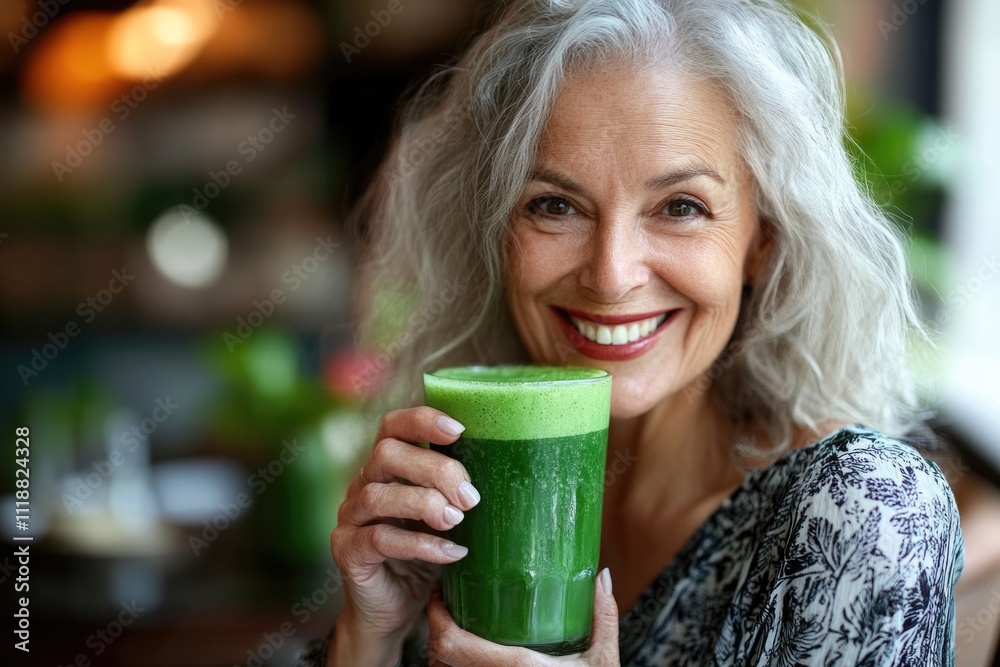 Senior lady smiling at camera while drinking a green smoothie, suggesting health and wellness theme.