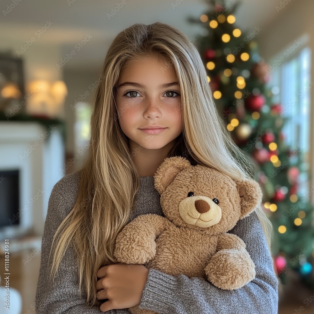 Little Girl Hugging Teddy Bear by Christmas Tree
