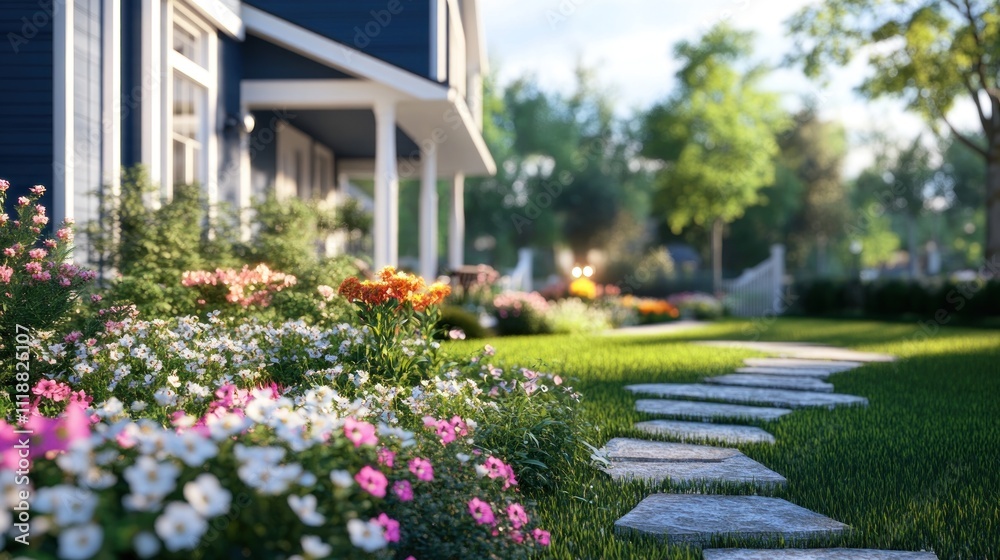 Obraz premium Serene Suburban Spring: A Picturesque Garden Path