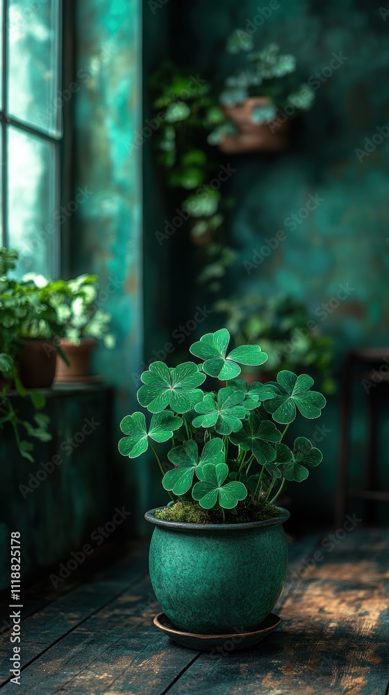 A vibrant green shamrock plant in a decorative pot sits gracefully by the window, creating a lively atmosphere with its lush leaves and serene natural beauty. A vibrant green shamrock plant in a decorative pot sits gracefully by the window, creating a lively atmosphere with its lush leaves and serene natural beauty.