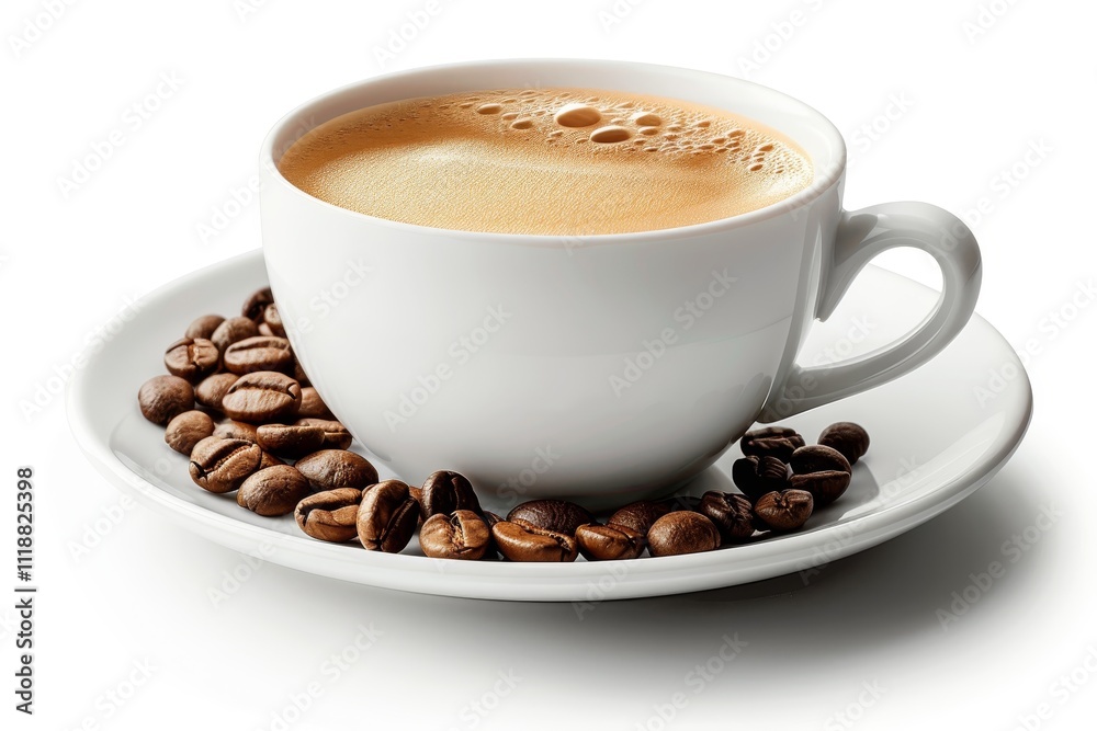 Concept photography of coffee mug with ground coffee beans on a white background Concept photography of coffee mug with ground coffee beans on a white background