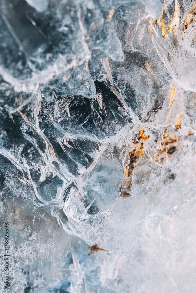 Crystal clear blue ice with frost formations. Crystal clear blue ice with frost formations.