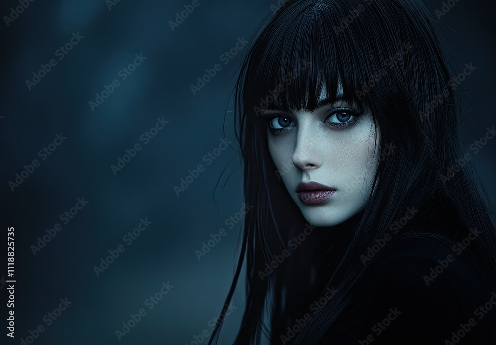 Raw and Minimal: Portrait of a Young Woman in Darkness with Black Hair and Turtleneck Raw and Minimal: Portrait of a Young Woman in Darkness with Black Hair and Turtleneck