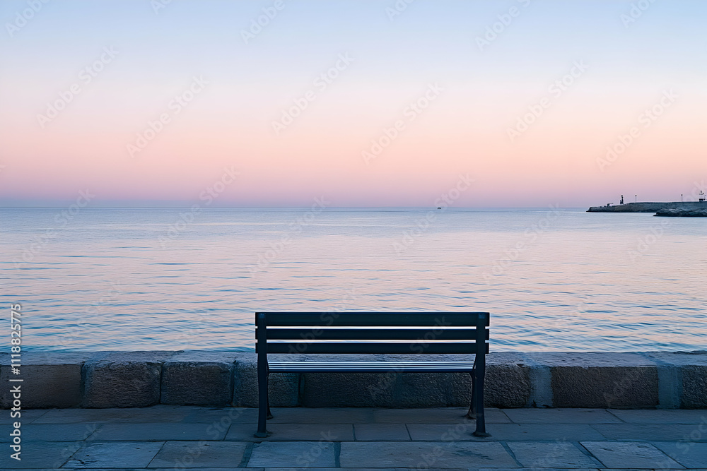 A serene seaside scene featuring a bench overlooking calm waters at sunset. A serene seaside scene featuring a bench overlooking calm waters at sunset.