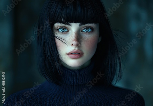 Raw and Minimal: Portrait of a Young Woman in Darkness with Black Hair and Turtleneck