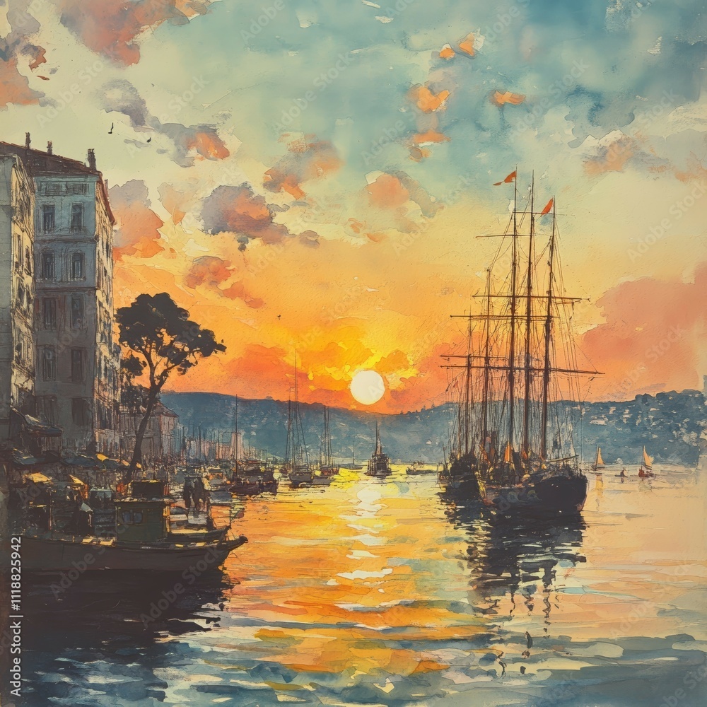 Naklejka premium Vibrant Sunset Over a City Harbor