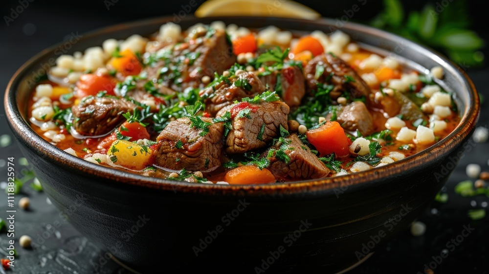 Beef stew with vegetables and herbs in a bowl on a black background Beef stew with vegetables and herbs in a bowl on a black background