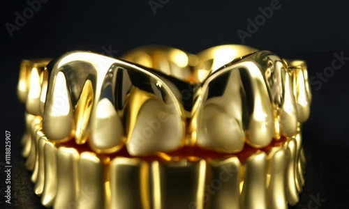 A close-up of a shiny gold dental grill showcasing intricate design and craftsmanship. photo