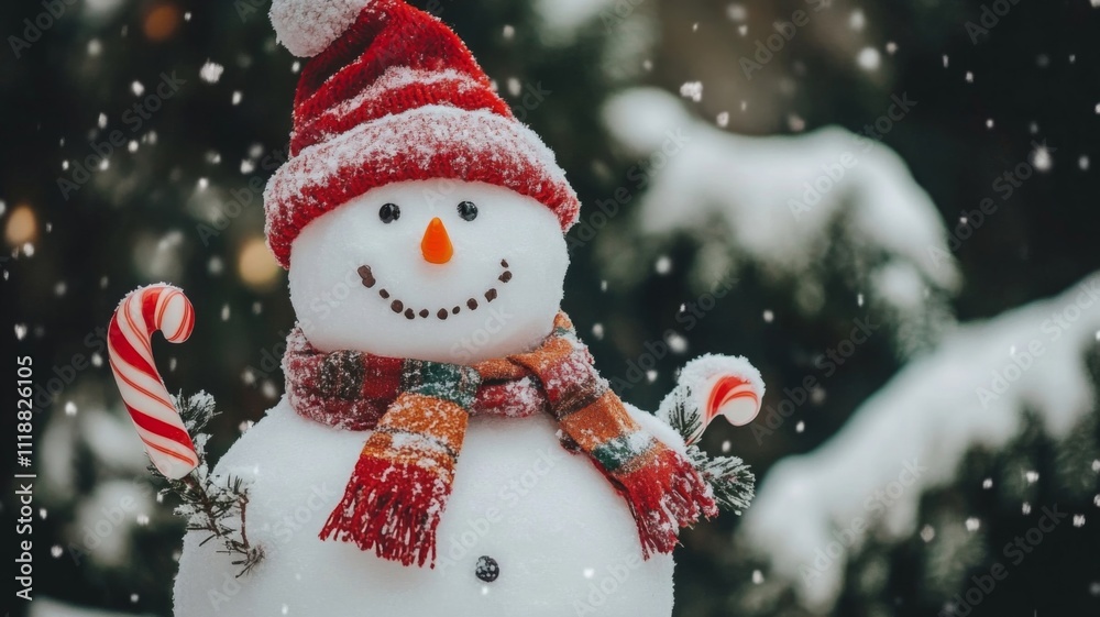 A Smiling Snowman Wearing a Red Hat and Scarf in the Snow A Smiling Snowman Wearing a Red Hat and Scarf in the Snow