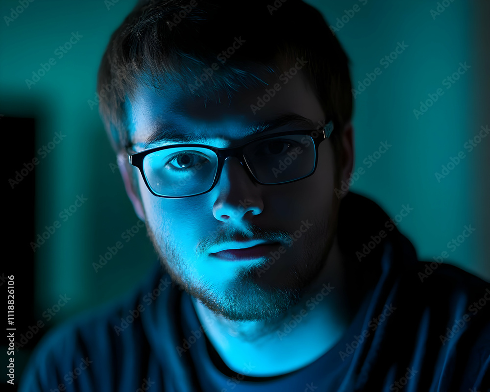 A close-up portrait of a young man illuminated by blue light, conveying a thoughtful mood. A close-up portrait of a young man illuminated by blue light, conveying a thoughtful mood.