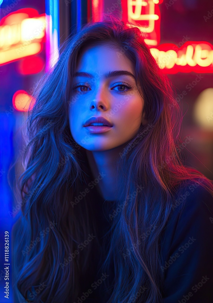 Neon Glow: Confident Portrait of a Girl with Long Hair and Modern Makeup Under Urban Lights Neon Glow: Confident Portrait of a Girl with Long Hair and Modern Makeup Under Urban Lights
