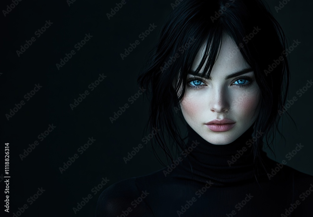 Raw and Minimal: Portrait of a Young Woman in Darkness with Black Hair and Turtleneck