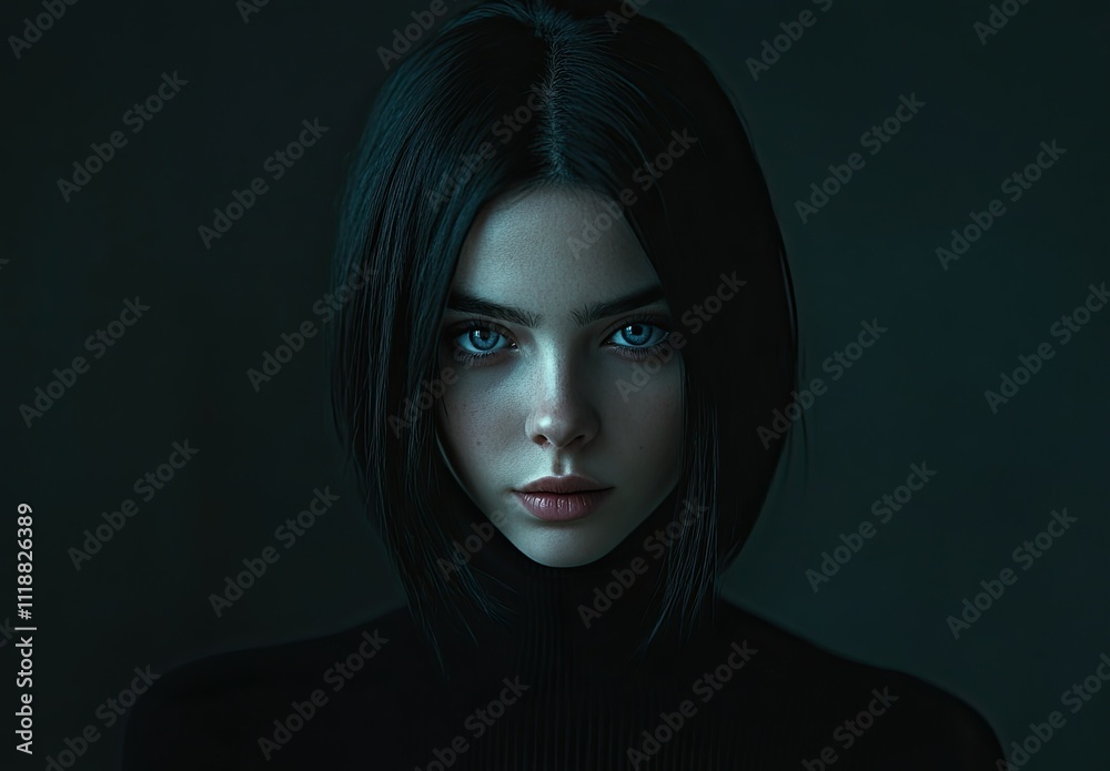 Raw and Minimal: Portrait of a Young Woman in Darkness with Black Hair and Turtleneck Raw and Minimal: Portrait of a Young Woman in Darkness with Black Hair and Turtleneck