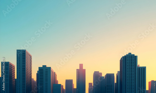 A city skyline at sunset, showcasing modern buildings against a colorful sky.