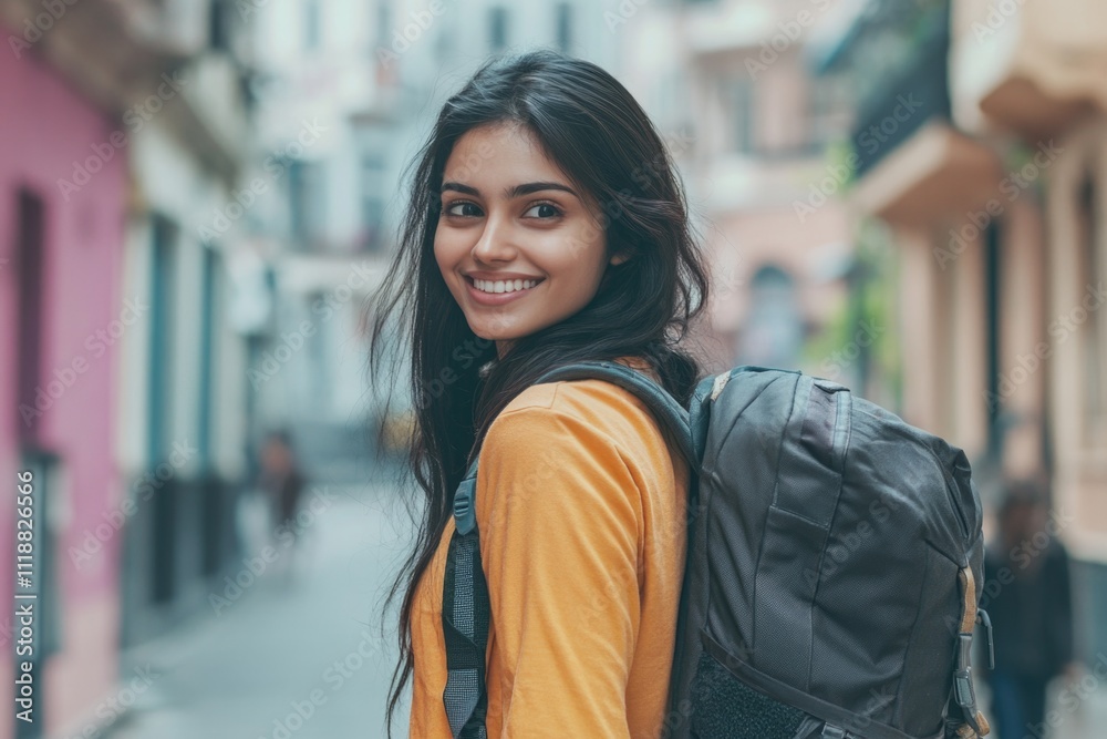 A cheerful young woman with a backpack, exploring the city streets. A cheerful young woman with a backpack, exploring the city streets.
