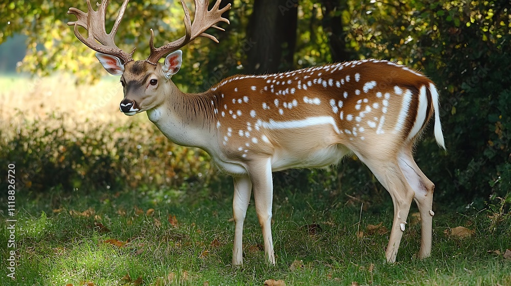 Majestic Axis deer buck with large antlers standing in a lush green forest. Majestic Axis deer buck with large antlers standing in a lush green forest.