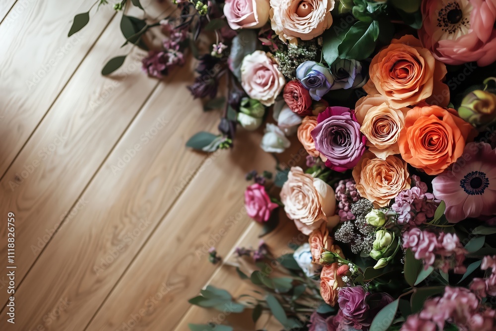 Vibrant Floral Arrangement on Wooden Surface by Generative Ai Vibrant Floral Arrangement on Wooden Surface by Generative Ai