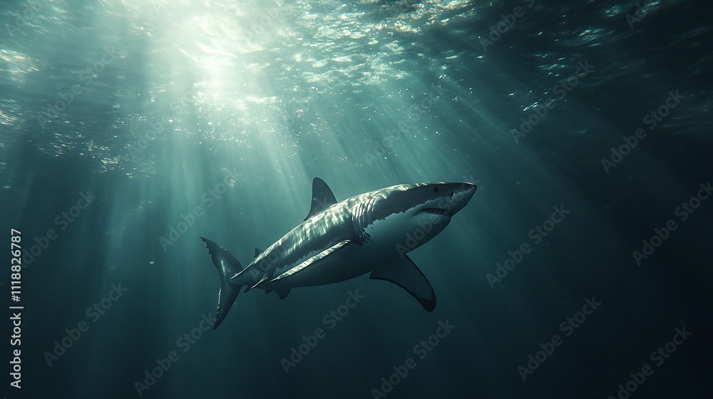 Fototapeta premium Majestic great white shark swimming in sunlit ocean depths. (1)