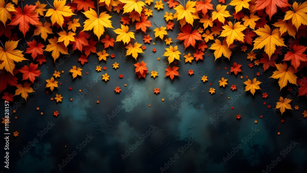 Autumn Leaves on Dark Background: A captivating display of vibrant autumn leaves in shades of red, orange, and yellow cascading down a rustic dark background. Perfect for fall-themed designs. Autumn Leaves on Dark Background: A captivating display of vibrant autumn leaves in shades of red, orange, and yellow cascading down a rustic dark background. Perfect for fall-themed designs.