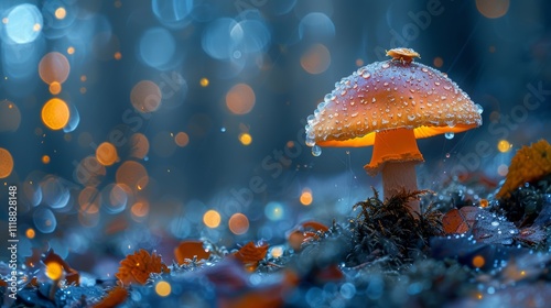 Glowing mushroom in forest with bokeh.