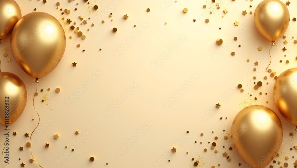 Fototapeta premium Golden Balloons & Confetti: A festive celebration backdrop with gold balloons and confetti scattered on a soft beige background. Perfect for birthday, anniversary, wedding, or any special event.