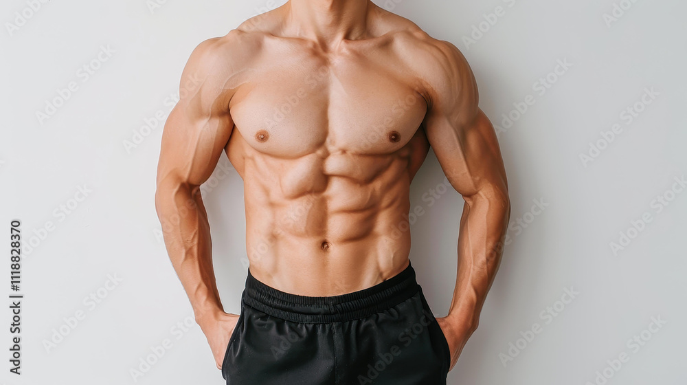 A strong bodybuilder flaunts his impressive sixpack abs, showcasing a peak of fitness and dedication. A strong bodybuilder flaunts his impressive sixpack abs, showcasing a peak of fitness and dedication.