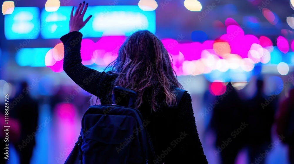 Waving goodbye in a colorful urban scene city street candid photography nighttime rear view Waving goodbye in a colorful urban scene city street candid photography nighttime rear view