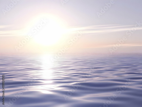 A serene seascape at sunset, showcasing calm waters and a glowing sun on the horizon.