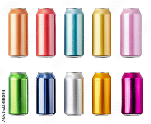 Colorful beverage cans arranged in a row, vibrant display. Packaging and design concept