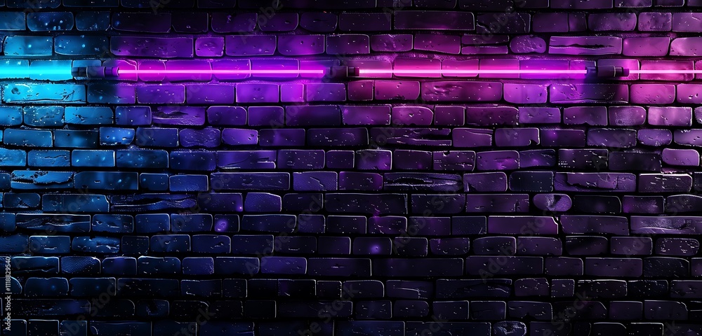 Dark brick wall texture illuminated by vibrant purple and blue neon lights, creating a retro atmosphere Dark brick wall texture illuminated by vibrant purple and blue neon lights, creating a retro atmosphere