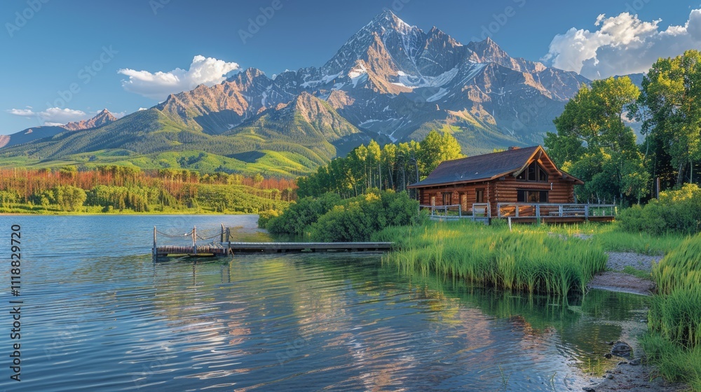 Lakeside cabin nestled in mountain valley at sunrise. Lakeside cabin nestled in mountain valley at sunrise.