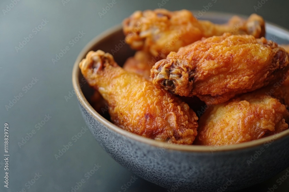 A bowl of crispy fried chicken wings on a dark textured surface, perfect for a savory meal. A bowl of crispy fried chicken wings on a dark textured surface, perfect for a savory meal.