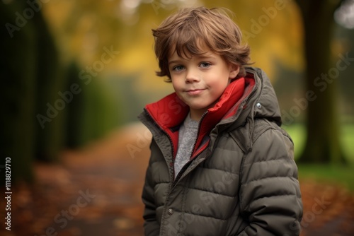 Adorable little boy in the autumn park. Close up portrait.